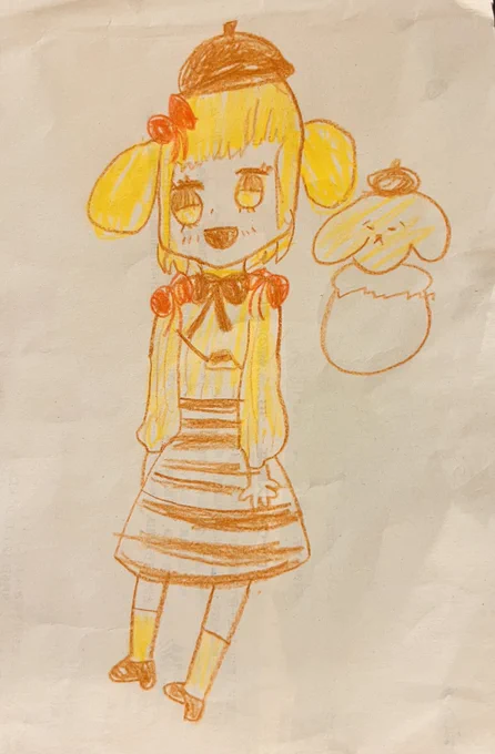 長女(7)今日はポムポムプリンの擬人化を描いてきた。小1の画力とデザイン力じゃないぞ...!伸ばしたいけど本人はパティシエになりたいそう 