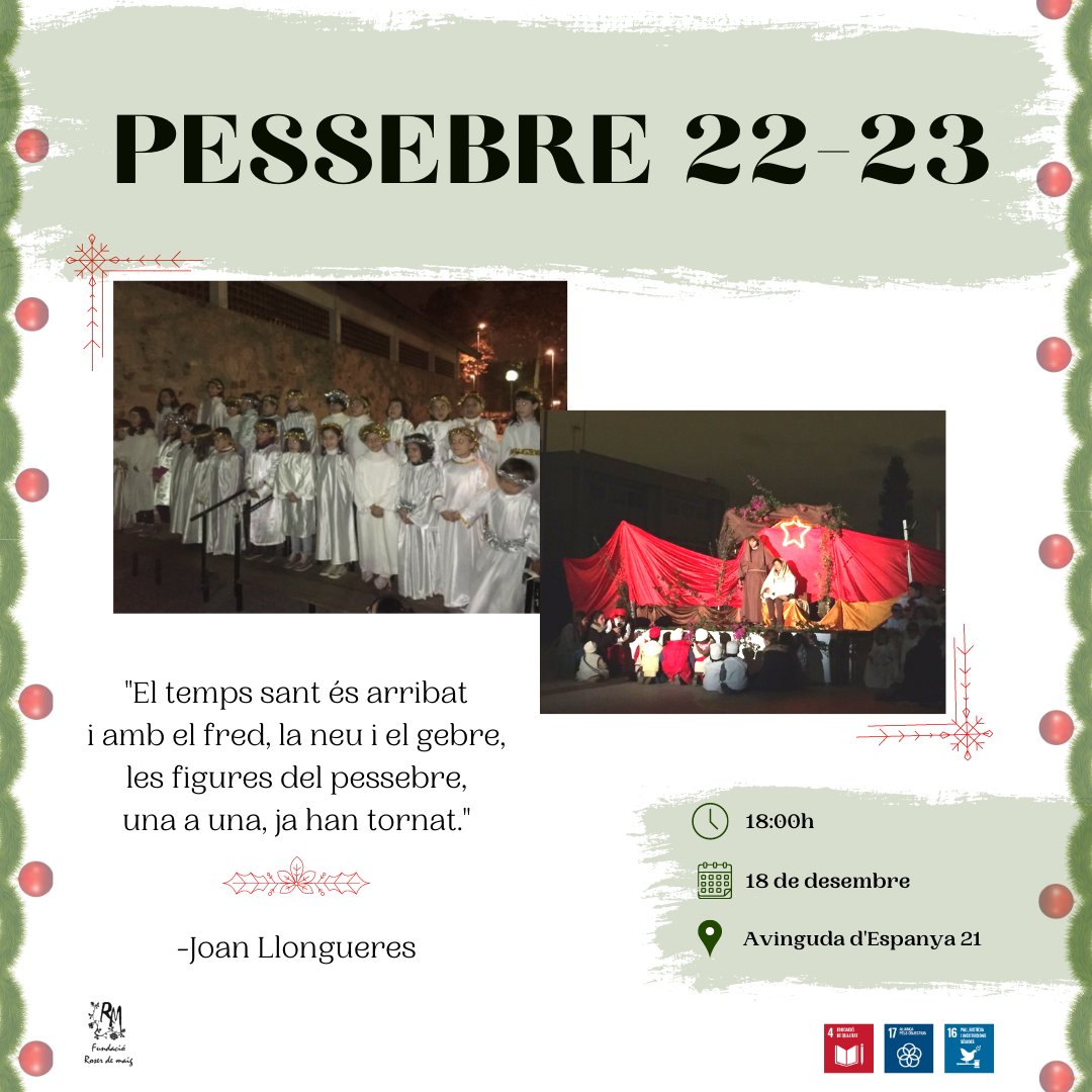 FundacioRM's tweet photo. I amb el fred❄️, per acompanyar les festes, també arriba l'esperat pessebre

🗓️El proper 18 de desembre a les 18h es durà a terme una representació 🎭 ben especial dels nostres pastorets i pastoretes, que narraran la història nadalenca a l'av. d'Espanya 21

Us hi esperem a totes! https://t.co/3sqcwVOgBR