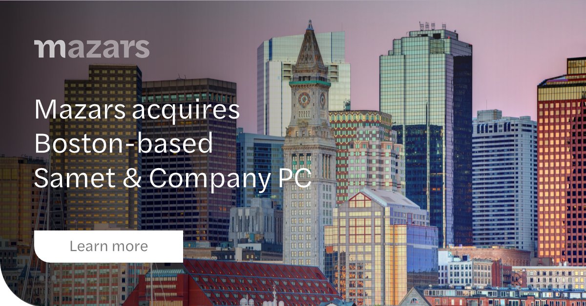 ThomasRouchon's tweet photo. We are excited to announce that Mazars has acquired Boston-based accounting firm Samet &amp; Company PC, gaining five Partners, three Managing Directors and 65 new professionals. Read more: https://t.co/lMdsWzG8Dm https://t.co/wyGN9R1mDg