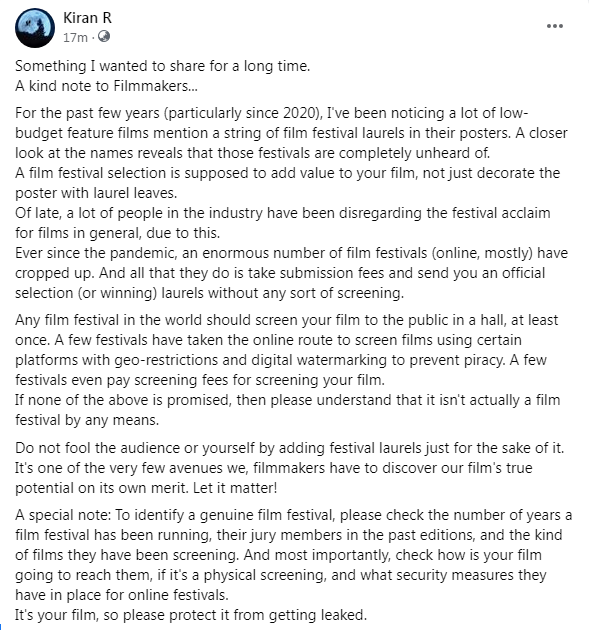 Something I wanted to share for a long time. A kind note to #Filmmakers... #FilmFestivals #indiefilm #tamilcinema