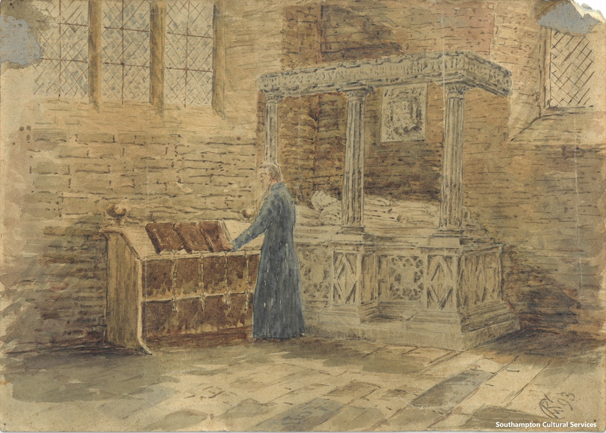 SotonStories's tweet photo. This 1893 watercolour depicts vicar Father Francis Maundy Gregory examining some books by the tomb of Sir Richard Lyster in St Michael’s Church #ArchiveSecrets #Churches #Southampton #1800s https://t.co/im6iCsuyeW