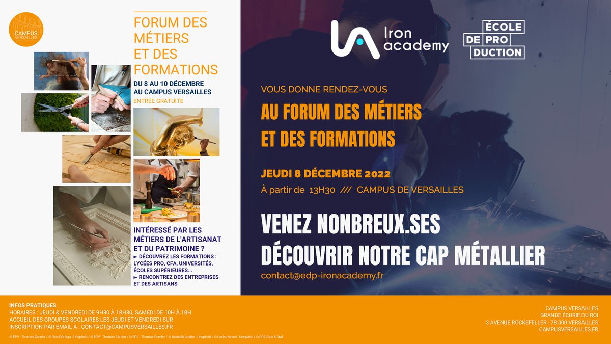 <a href="/IronAcademy1/">Iron Academy</a> vous donne rendez-vous demain au #campusdeversaille au Forum des Métiers et des Formations. Venez nombreux et nombreuses découvrir notre #ecoleproduction et notre #formation de #capmetallier. A demain !