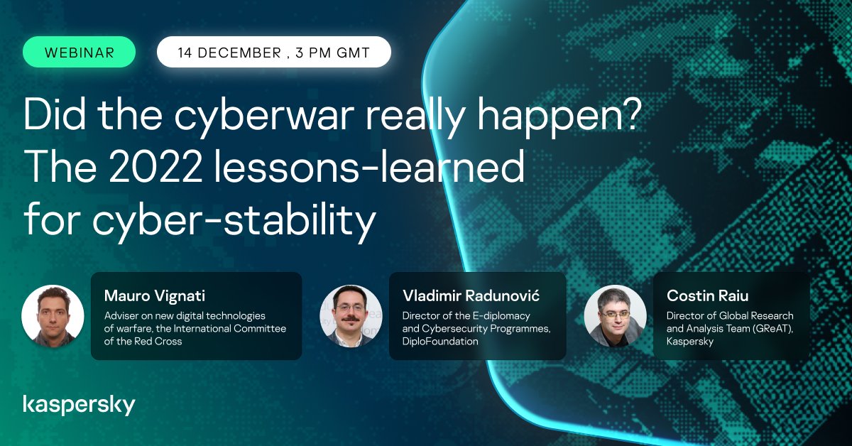 STORY OF THE YEAR? Concluding #2022 with great experts <a href="/vignus/">blob</a> <a href="/ICRC/">ICRC</a> <a href="/VRadunovic/">Vladimir Radunovic</a> <a href="/DiplomacyEdu/">DiploFoundation</a> <a href="/craiu/">Costin Raiu</a> #GReAT to discuss key cyber events &amp; reflect on what the international community needs to focus on in 2023 for #cyberstability.

Join us at kas.pr/56gv