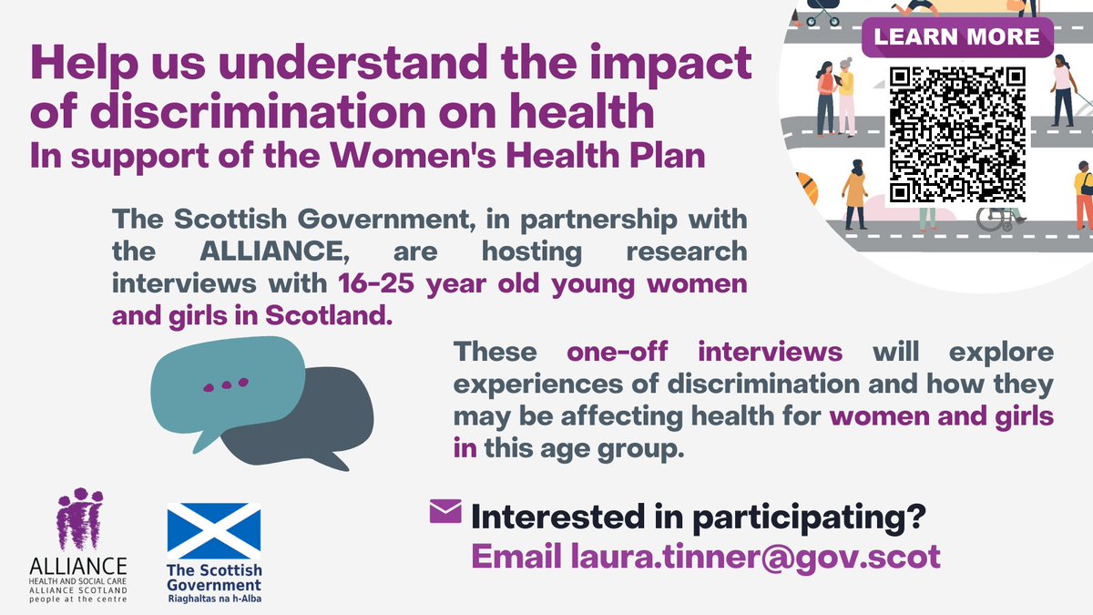 The ALLIANCE (@alliancescot) on Twitter photo We are looking for 16-25yo to participate in 1-2-1 interviews exploring the impact of discrimination on the health of women and girls - in partnership with <a href="/scotgovhealth/">Scot Gov Health</a>
researchers.
More info here: bit.ly/3CI8uEh
Email laura.tinner@gov.scot to get involved We are looking for 16-25yo to participate in 1-2-1 interviews exploring the impact of discrimination on the health of women and girls - in partnership with <a href="/scotgovhealth/">Scot Gov Health</a>
researchers.
More info here: bit.ly/3CI8uEh
Email laura.tinner@gov.scot to get involved