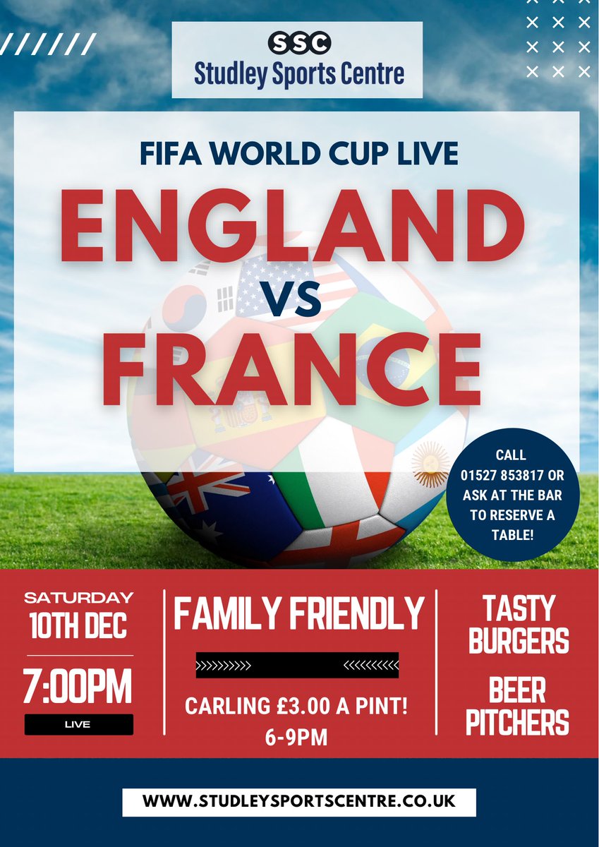 Studleysportsce's tweet image. ⚽️ It’s the quarter finals! Join us on Saturday for more World Cup action! 

🏴󠁧󠁢󠁥󠁮󠁧󠁿 England vs France 🇫🇷 
📅 Saturday 10th December 
⏰ KO @ 7pm
🍔 Tasty burgers &amp;amp; chips 
🍻 Beer Pitchers 

⭐️ Carling £3 a pint 6-9pm🍺

☎️ Call 01527 853817 to reserve seats (booking not essential)