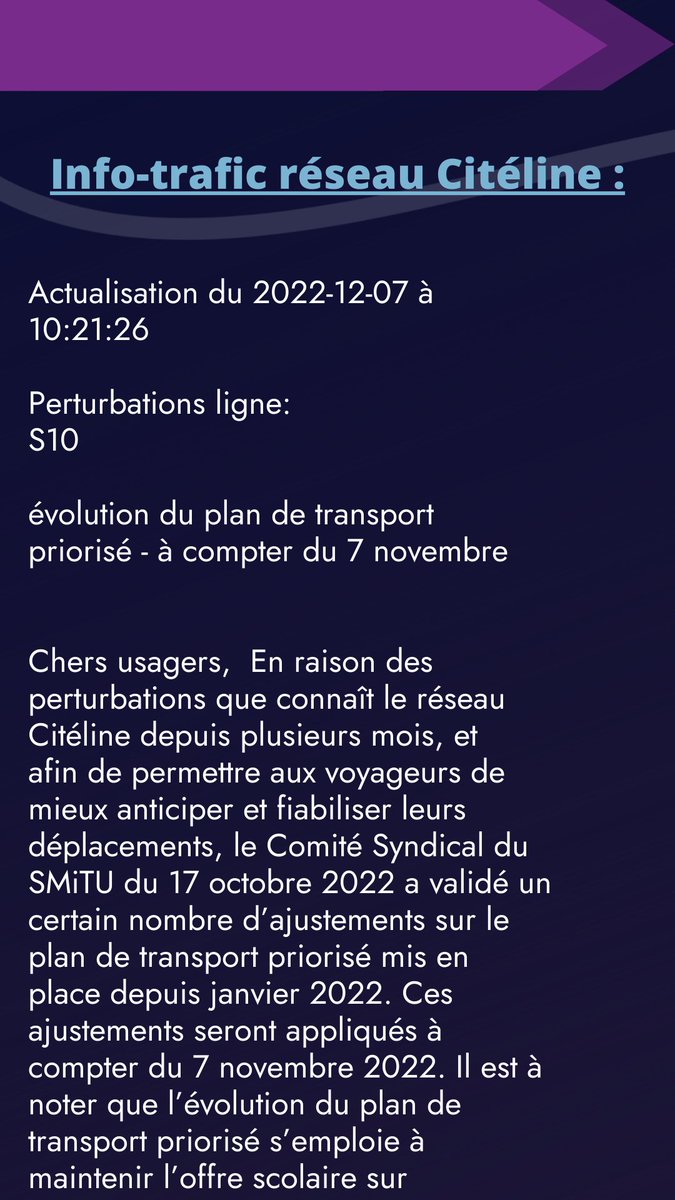 StadiusMove's tweet image. Info-trafic Citéline ligne S10 :
➡ 10:21:26 du 2022-12-07#
S10 #stadiusmove #citeline #thionville