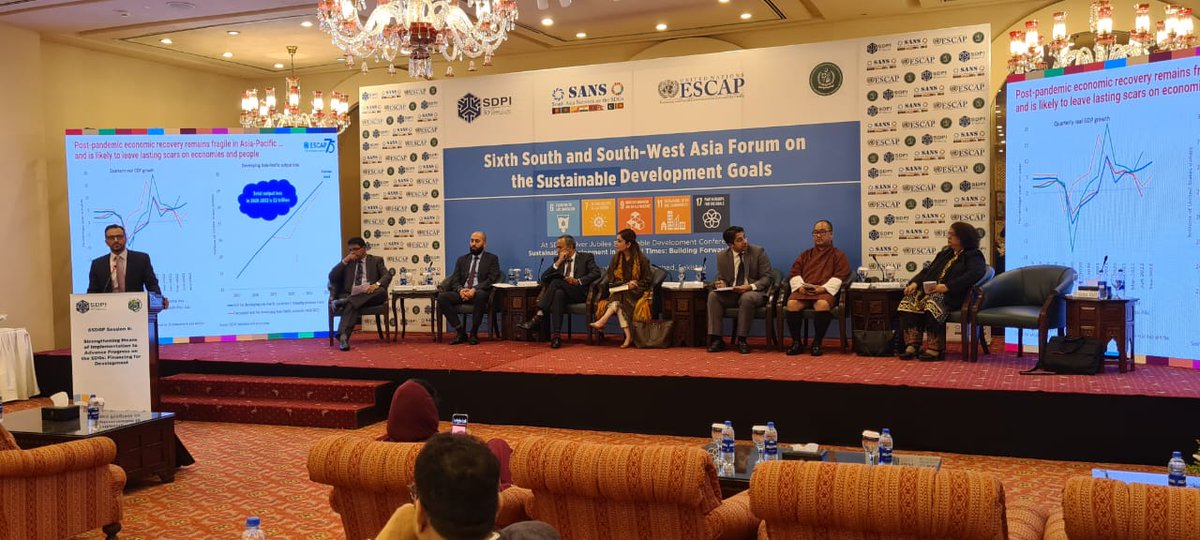 SSWA_UNESCAP's tweet photo. Sixth South & SouthWest Asia #6SDGF Session- Strengthening means of implementation to advance progress on #SDGs - Financing for development held, Chair Mr. Rana Ihsan Afzal Khan, Coordinator to PM on Commerce and Industries, Pakistan & Lead presentation Dr. Hamza Malik @UNESCAP https://t.co/yUWhga4f8p