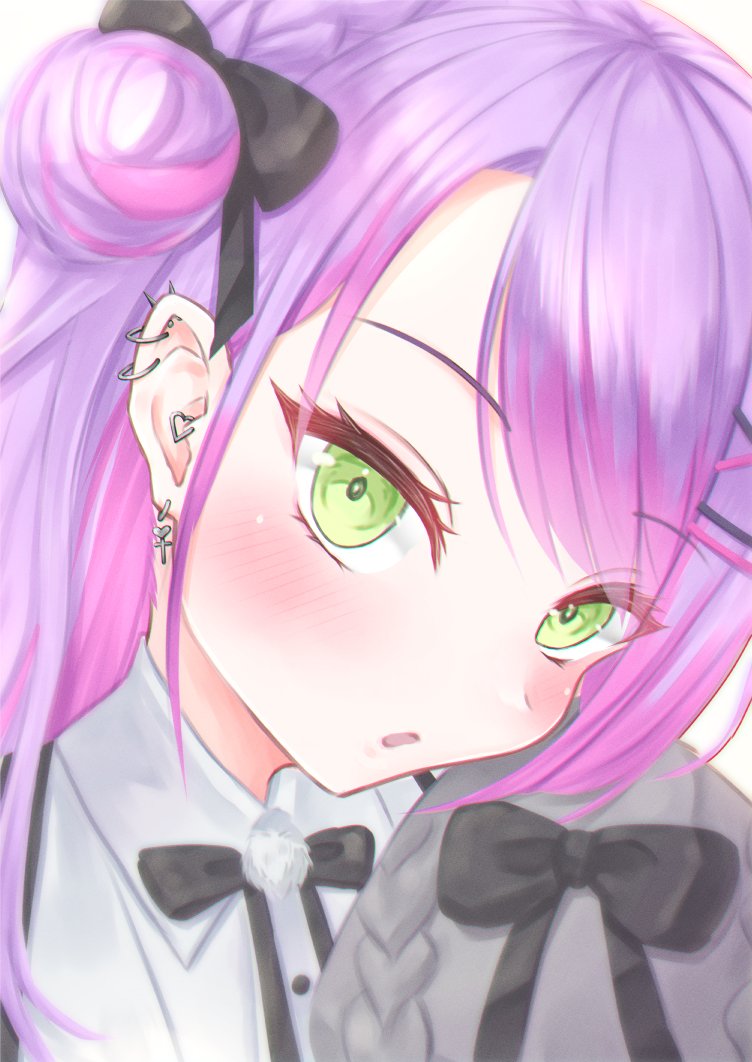 tokoyami towa 1girl purple hair green eyes hair bun solo braid piercing  illustration images