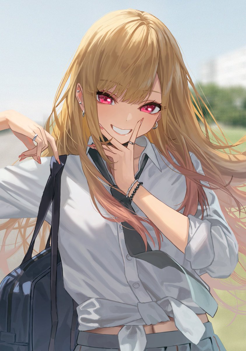 kitagawa marin 1girl jewelry solo blonde hair smile school uniform necktie  illustration images