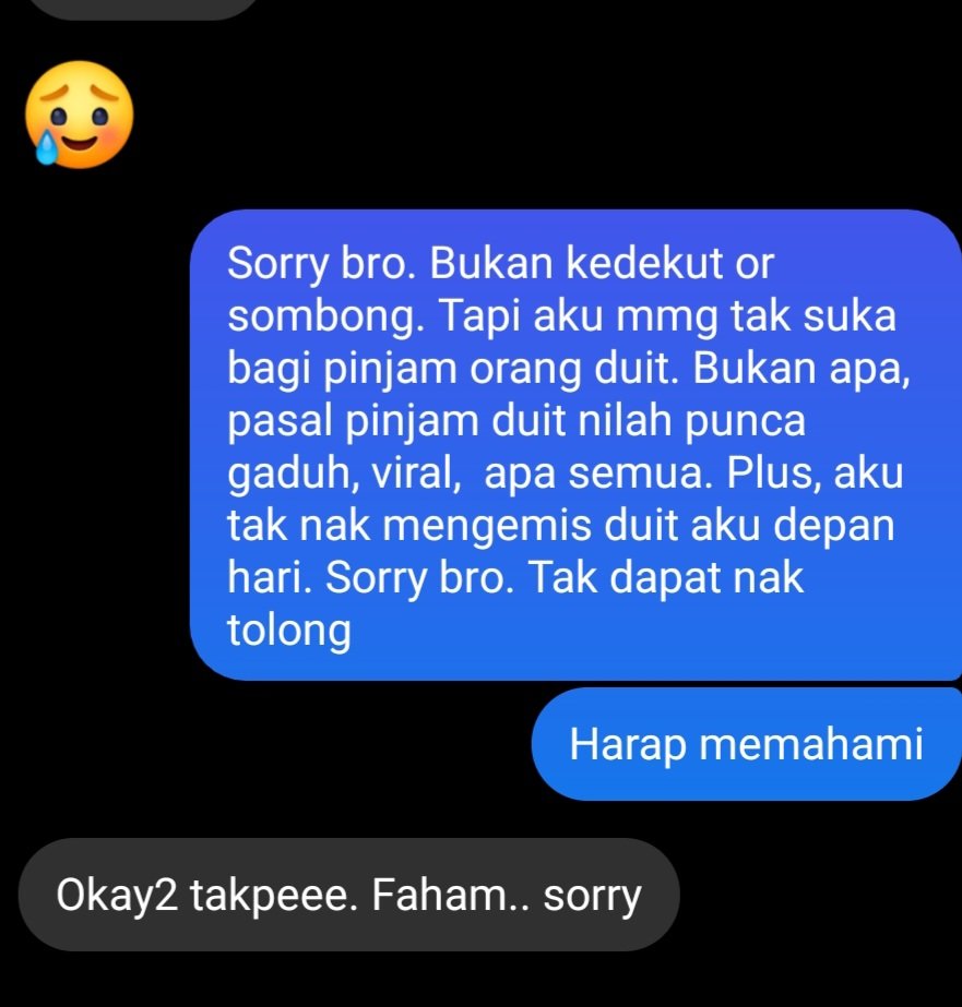 AhBobweh's tweet photo. @tufairies This was my reply pada kawan satu sekolah anddd tak pernah lepak then suddenly chat kat fb. Nampak kejamkan. Tapi inilah yang aku reply. Sebab aku da serik. 🤟 hati kena keras bro. https://t.co/89h7MIm2NQ
