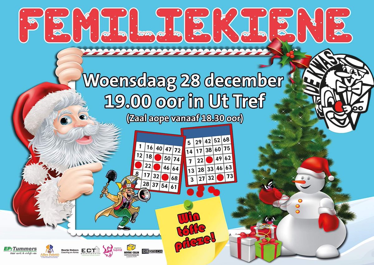 KIEN!

D'r kin weer gekiend waere beej De Kwas!

Kóm met de ganse femilie woensdaag 28 december a.s. kiene veur leuke prieze.

Ouk de staon- en zitrónde meug neet óntbraeke!

We zeen ós!