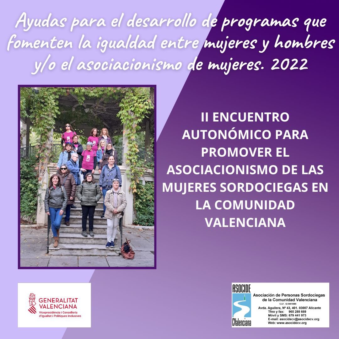 mujerasocidecv's tweet photo. @GVAinclusio por las ayudas para el desarrollo de programas que fomenten la igualdad entre mujeres y hombres y/o el asociacionismo de mujeres nos ha concedido 2.850 euros para el Encuentro autonómico para promover el asociacionismo de las mujeres Sordociegas Comunidad Valenciana. https://t.co/3nbIzGEpCx