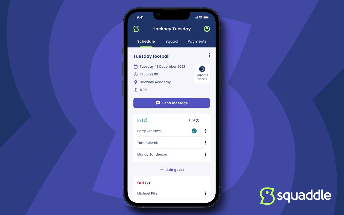 Squaddle_UK's tweet photo. With Squaddle you can organise group sports and social activities with ease...

Squaddle sends invites, checks responses, takes payments, and updates you if anyone drops out.

Organise the easy way 👏
Try Squaddle: https://t.co/r0ParjSxUv https://t.co/leXBBr4v8V
