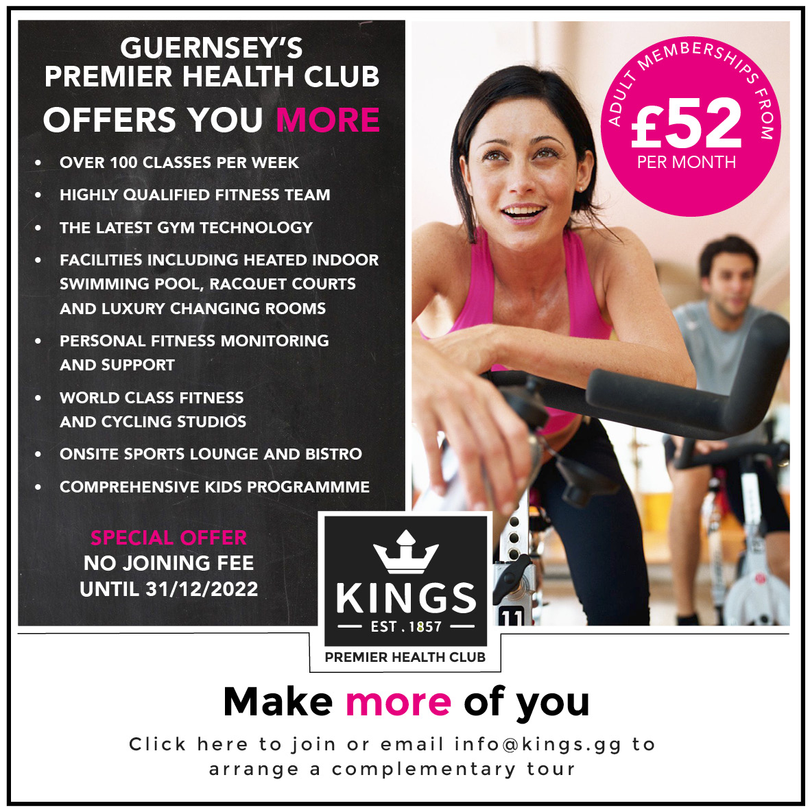 YOU get so much more with membership at Guernsey’s Premier Health Club whatever your age! ⚡

Adult memberships from £52 per month with NO JOINING FEE until 31/12/2022

Click here to join: loom.ly/x8bHNj0
Or email info@kings.gg

#KingsGuernsey