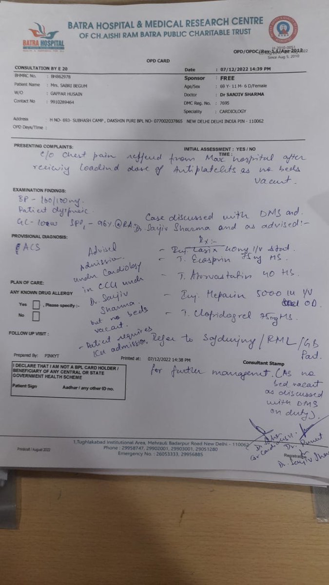 socialjurist's tweet photo. Batra Hospital is wrong to say they have no bed. It amounts to denial of treatment to ews patient. https://t.co/BVeVk580UV