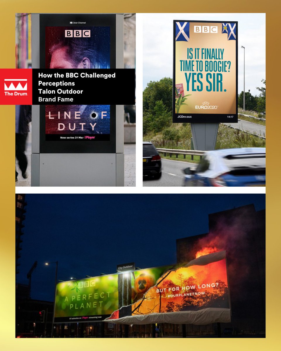 And the winner of the Brand Fame category in The Drum's Out of Home Awards is 🥁 @HavasMediaUK, @TalonOOH, @GrandVisual, @BBCCreative and @BBC for how they challenged perceptions with data-driven OOH. Read more about the campaign here: bit.ly/3Y44Pue #TheDrumAwards