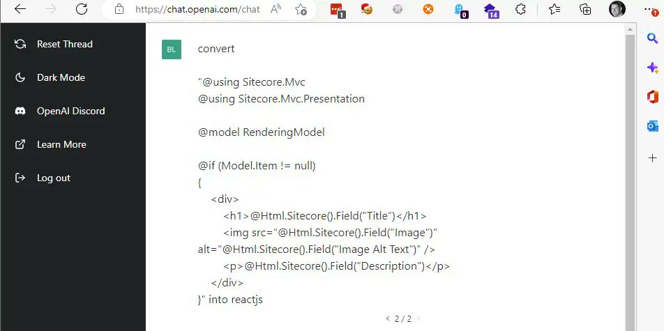 Using <a href="/OpenAI/">OpenAI</a>  <a href="/ChatGPT/">ChatGPT</a> with <a href="/Sitecore/">Sitecore</a>, how cool is that? I wrote a few blogposts, on how code could be generated and possibly migrated. blog.baslijten.com/my-first-exper…
PS: don't tell anyone, but I actually generated two of the blogposts with ChatGPT #Sitecore #ChatGPT #awesome