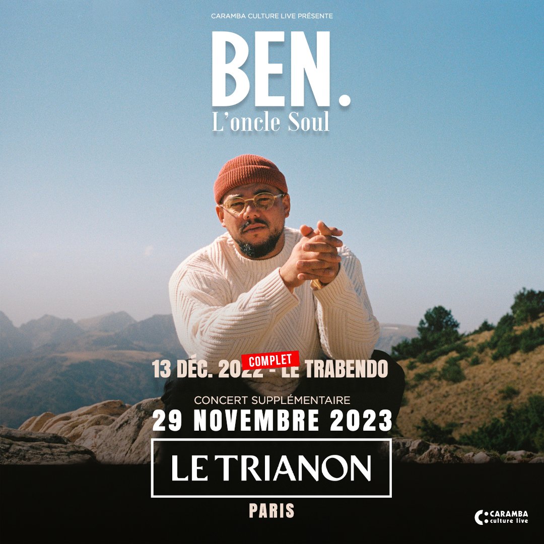 Ben L’Oncle Soul (@benonclesoul) on Twitter photo Hi guys, le @trabendo_ du 13 décembre étant complet, je suis heureux de vous annoncer qu’on revient avec une nouvelle date parisienne, le 29 novembre 2023 au <a href="/LeTrianonParis/">Le Trianon</a>. Hâte de vous y retrouver !
Prévente jeudi 8 décembre à 11h — bit.ly/BenOncleSoulTr… Hi guys, le @trabendo_ du 13 décembre étant complet, je suis heureux de vous annoncer qu’on revient avec une nouvelle date parisienne, le 29 novembre 2023 au <a href="/LeTrianonParis/">Le Trianon</a>. Hâte de vous y retrouver !
Prévente jeudi 8 décembre à 11h — bit.ly/BenOncleSoulTr…
