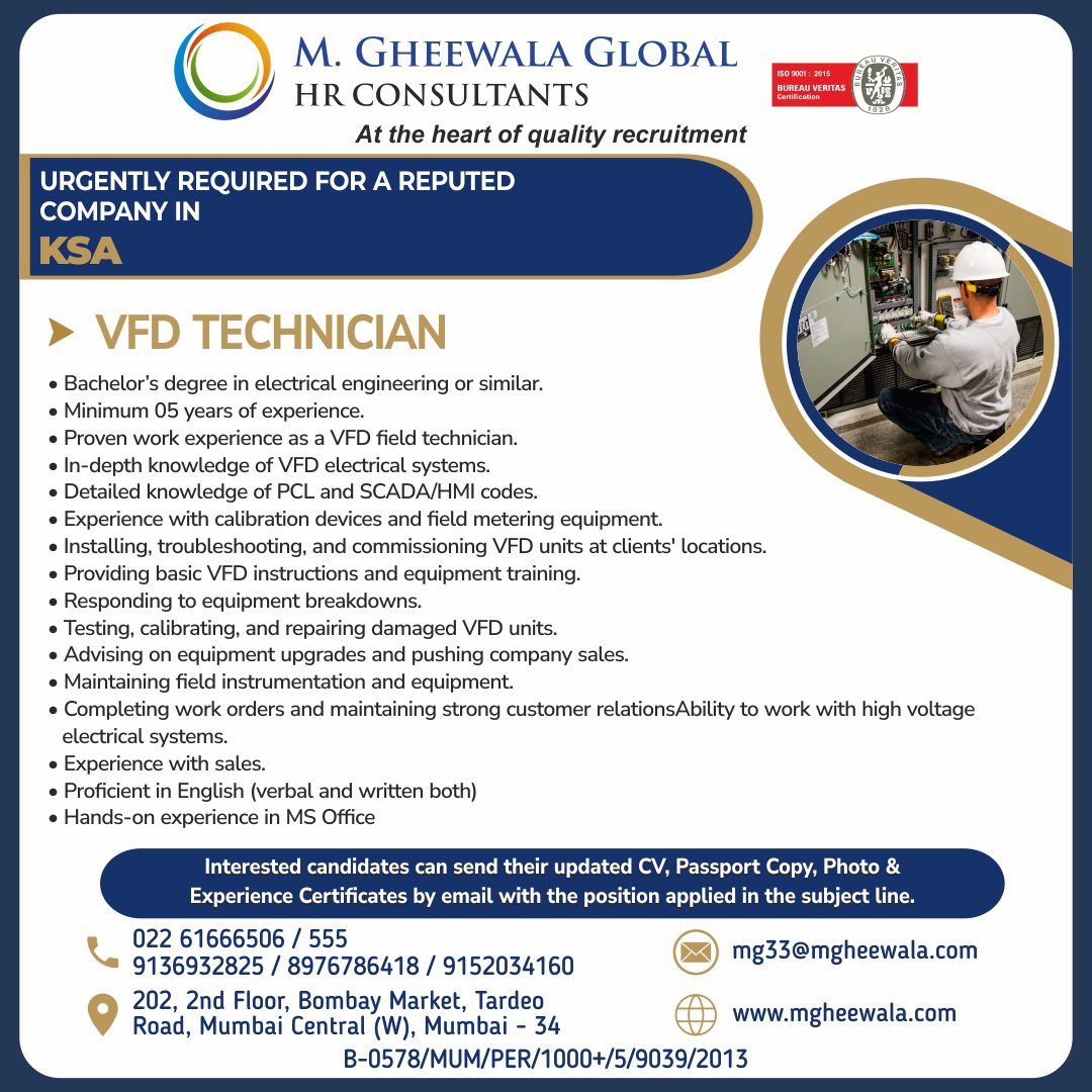 mgheewala_hrc's tweet photo. Job Vacancies for #Saudiarabia

Interested Candidates can send the updated resume to mg33@mgheewala.com

Learn More https://t.co/Ps4bxvjpD1

#saudijobs #VFDTechnician #technician #electricalsystem #scada #hmi #pcl #repairing #testing #calibrating #fieldtechnician https://t.co/oab8T6gUfQ