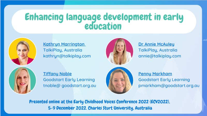 The <a href="/TalkiPlay/">TalkiPlay</a> <a href="/GoodStartel/">Goodstart</a> presentation to the international Early Childhood Voices Conference 2022 is available online at lnkd.in/gsZtiq4T
#earlylearningmatters #speech #language