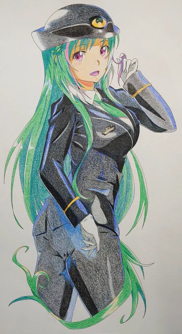 JR東日本制服を着た\鹿児島はやぶさ/ #鉄道擬人化 #フェアリーレイルウェイズ #キャラクター #立ち絵 #オリジナル #創作 #鉄道 #制服 #はやぶさ #色鉛筆  