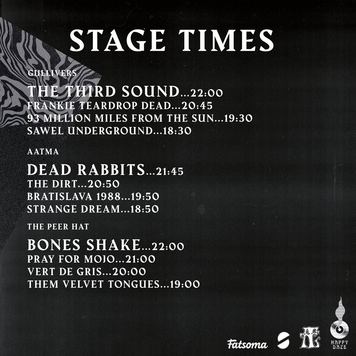 {SET TIMES} ASTRAL DAZE II

Ticket collection open from 17:00 at Aatma
Doors open 18:00
<a href="/gulliverspub/">Gullivers</a>, <a href="/The_Peer_Hat/">The Peer Hat</a> and <a href="/AatmaVenue/">Aatma</a>

🎟 Tickets available here &gt;&gt; linktr.ee/happydazeticke…

Artwork by Adam Derbyshire