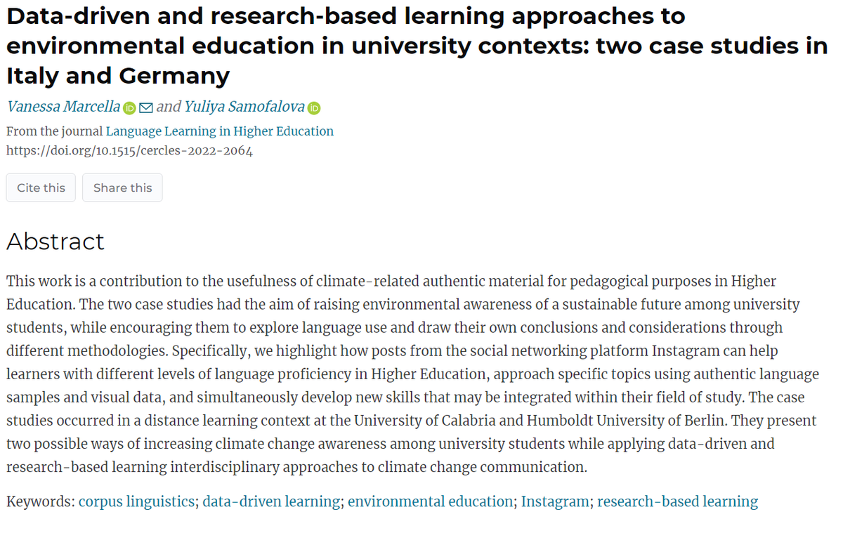 Our article about data-driven and research-based learning for environmental education and language learning has been published today in Language Learning and Higher Education journal. Happy to share the link 🥳doi.org/10.1515/cercle…