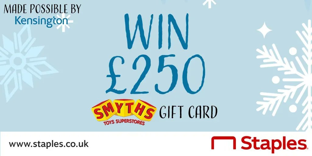 StaplesUK's tweet photo. #WIN a £250 Smyths Toys Superstore Gift Card in time for Christmas* 🎁 

To enter:
1. Follow @StaplesUK and @Kensington
2. Retweet this post

Running across Instagram, Facebook &amp; Twitter, ONE WINNER ONLY! Winner contacted 13th Dec 🏆 

*T&amp;C’s: https://t.co/CCzfvWrHZh https://t.co/vgEM1coBbr