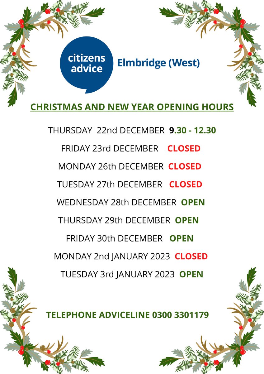 Citizens Advice Elmbridge (West) (@caelmbridgewest) on Twitter photo Opening hours for the Christmas and New Year Period - at <a href="/CAElmbridgeWest/">Citizens Advice Elmbridge (West)</a>
We are here to support the communities of #WaltononThames #Weybridge #Hersham - find out how to contact us ➡️ caew.org.uk Opening hours for the Christmas and New Year Period - at <a href="/CAElmbridgeWest/">Citizens Advice Elmbridge (West)</a>
We are here to support the communities of #WaltononThames #Weybridge #Hersham - find out how to contact us ➡️ caew.org.uk