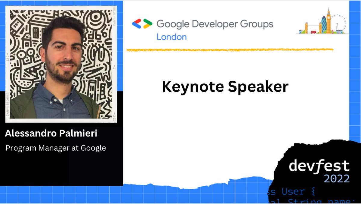 GDG London (@gdg_london) on Twitter photo ๐จ We are interrupting your feed for a VERY special announcement.
We are thrilled to announce <a href="/aleturin/">Alessandro Palmieri</a>, Program Manager at Google, as a Keynote Speaker for our upcoming #DevFestLondon, this Saturday, December 10, at King's College London. ๐จ We are interrupting your feed for a VERY special announcement.
We are thrilled to announce <a href="/aleturin/">Alessandro Palmieri</a>, Program Manager at Google, as a Keynote Speaker for our upcoming #DevFestLondon, this Saturday, December 10, at King's College London.