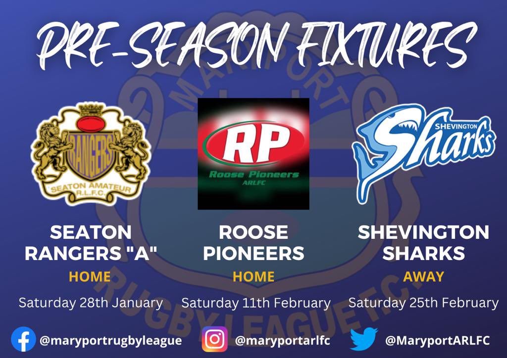 MaryportARLFC's tweet photo. Pre season fixtures finalised. Looking forward to hosting @SeatonRangersRL and @RPARLFC and an away trip to @ShevingtonShark https://t.co/Hhm8T9lDeZ