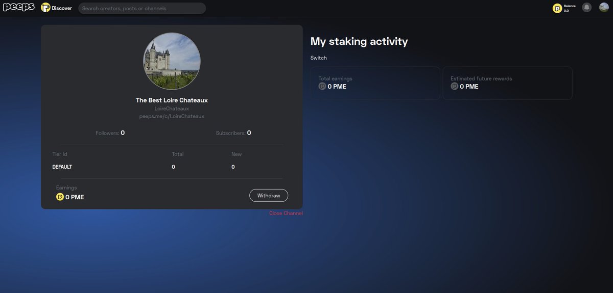 peepsmeofficial's tweet photo. Our channel about the @chateauloire didn't generate any subscription or anything yet
(Note: we are not related to the aforementioned account)

But when it does, this is the screen where we can withdraw our hard earned tokens!

Will my content about chateaux make me rich? 👀 https://t.co/aJdrABEjlI