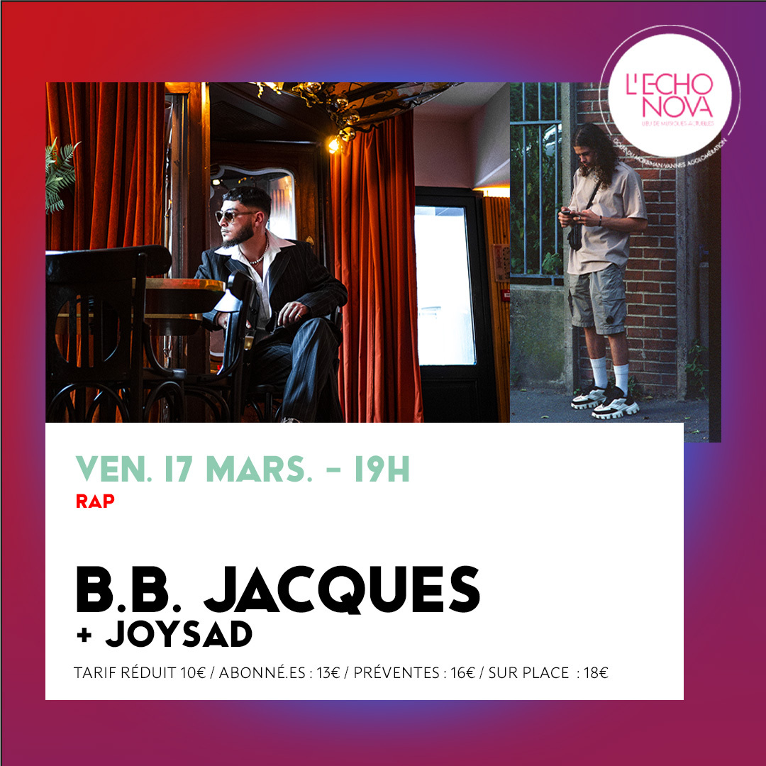 .<a href="/Joysadoff/">joysad</a> assurera la 1ère partie du concert de <a href="/bbjacquesoff/">B.B. Jacques</a> !

Ce jeune rappeur a fait une entrée fracassante dans le rap français avec ses 2 premiers Ep et son album Espace Temps. 

➡lechonova.com/concert-exposi…