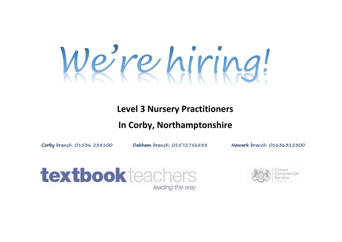 TextbookTeach's tweet photo. Textbook Teachers are looking for qualified Level 3 nursery practitioners in the Corby area, Northamptonshire. If you are looking for flexibility or extra work, please get in touch with us on 01536 238100! 
#jobopportunity #jobincorby #nurserywork #supplyagency https://t.co/lklyEM6YO9