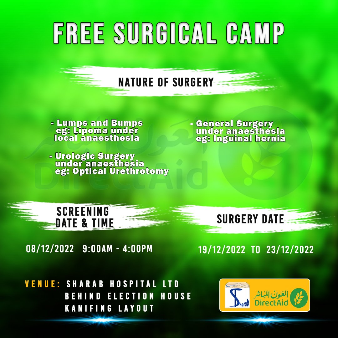 SharabGambia's tweet photo. Free Surgery Camp 2022 is finally here. Pre surgical assessment and screening will start tomorrow 08/12/22
#directaidgambia #sharabhospitalltd #freesurgicalcamp #Healthcare #surgery https://t.co/fwHeSHAAQA