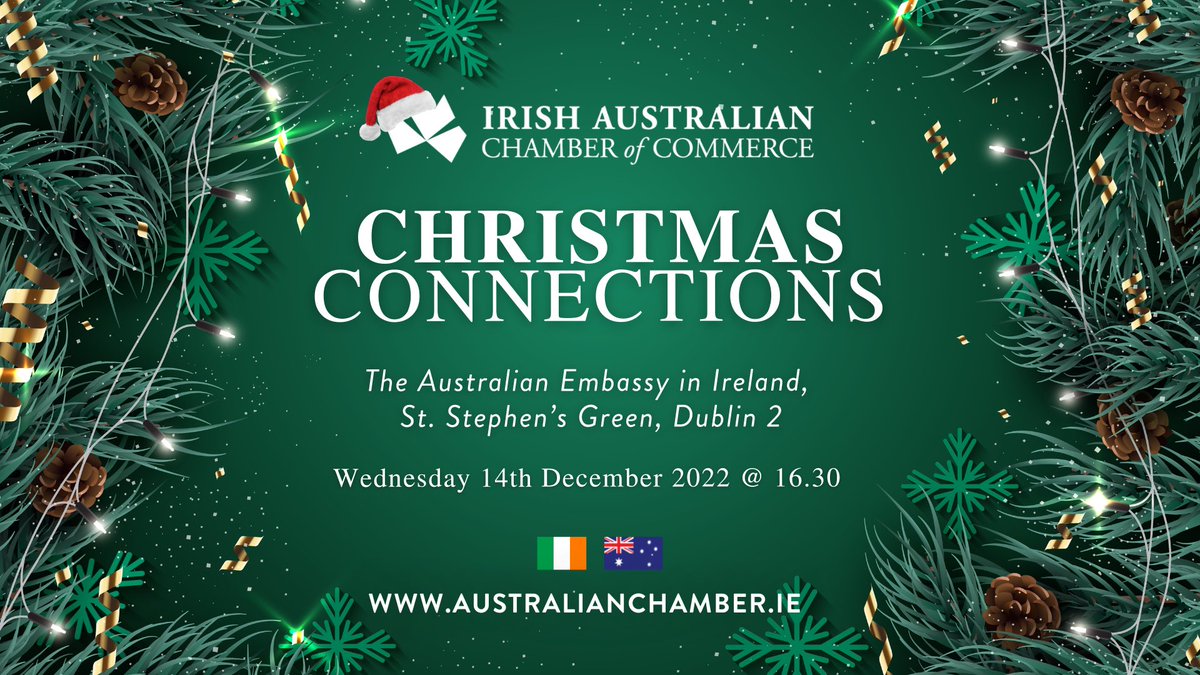 AusChamberIE's tweet photo. @AusChamberIE will host 'Christmas Connections' drinks on December 14th at 16:30, at the Australian Embassy located at St. Stephens Green. 

All Chamber members are welcome to attend. 

Please register your attendance by contacting Pamela via membership@australianchamber.ie https://t.co/A24qqA4YO3