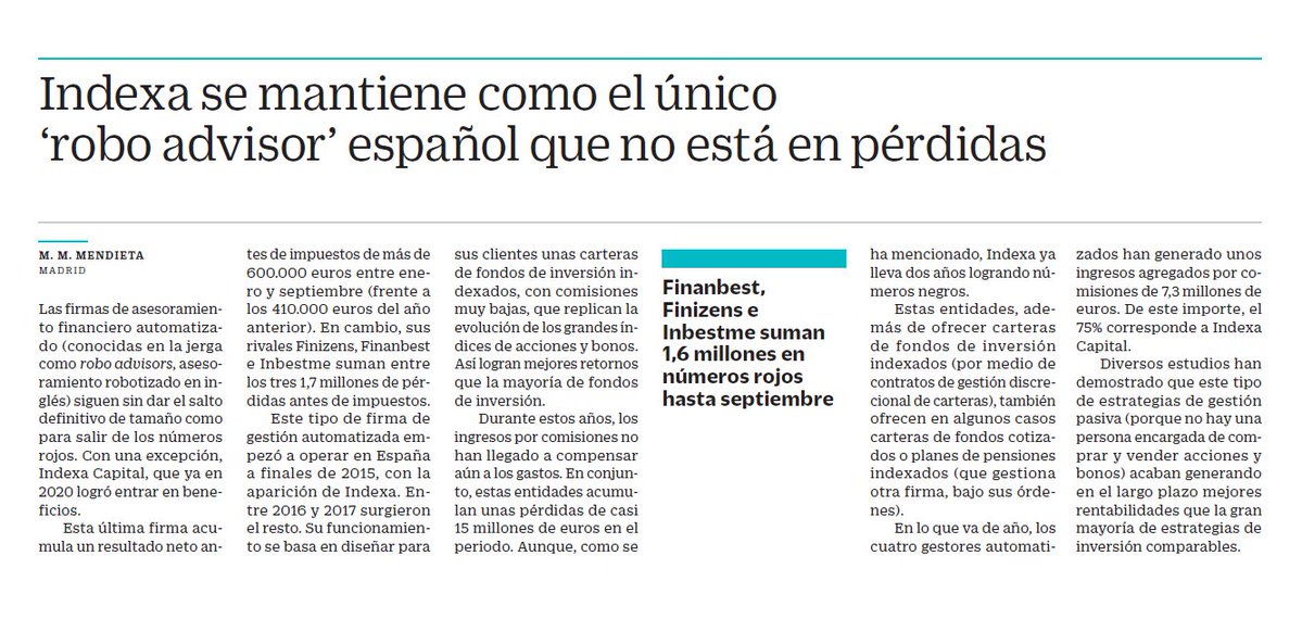 IndexaCapital's tweet photo. Nos mantenemos como el único gestor automatizado independiente con beneficios en España (vía @mmmendieta en @CincoDiascom): https://t.co/CHVZGvEhqh