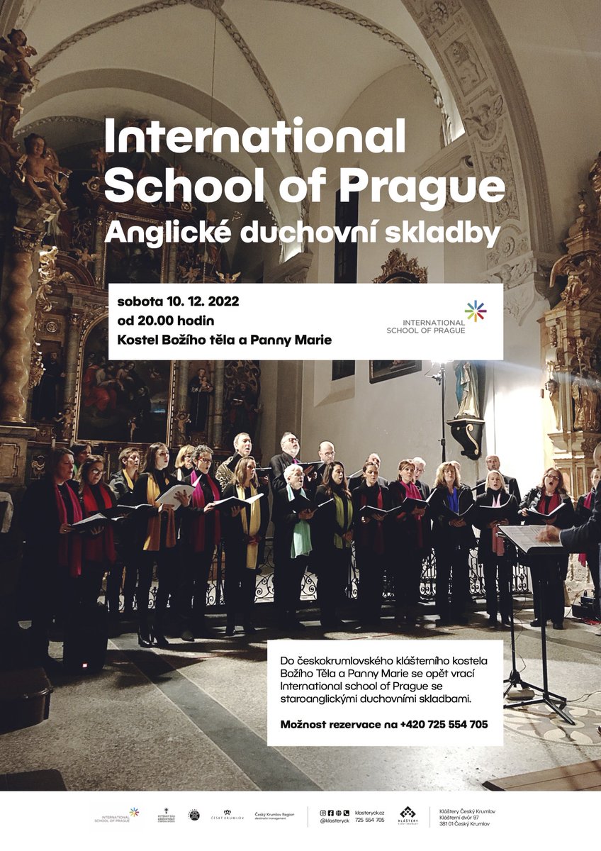 The ISP Community Choir, composed of parents, teachers, students, and alums, happily invite you to their special performance in Český Krumlov on Saturday, 10 December 2022, at 20:00 in the Monasteries Český Krumlov.

Buy your tickets online: klasteryck.cz/cz/akce-14943-…