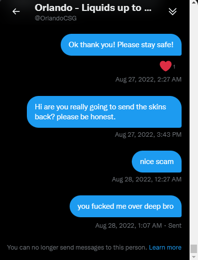itsjustcalvinle's tweet photo. @JimBrowning11 please help, I got scammed out of $40,000 worth of @CSGO skins 
from @OrlandoCSG, his associated accounts are @ItsCactusCS, @FlexCSS, @CSPriceCheck. I was phished out of @anomalyxd twitch chat. https://t.co/9eLdMuMIbq