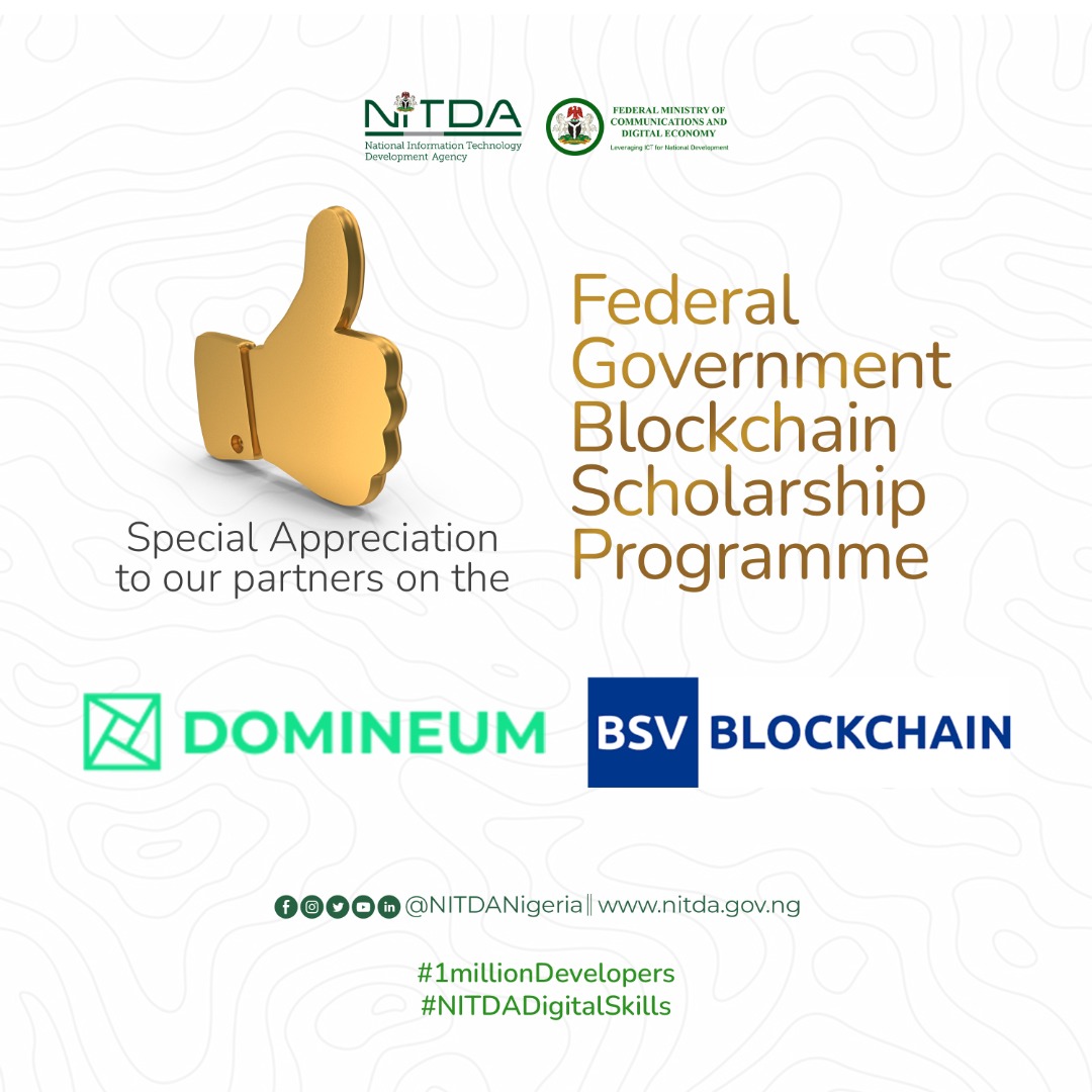 NITDANigeria's tweet photo. Special Appreciation to our partners on the Federal Government Blockchain Scholarship Programme

@domineum 🤝 @BSVBlockchain https://t.co/taXzoQIn7s