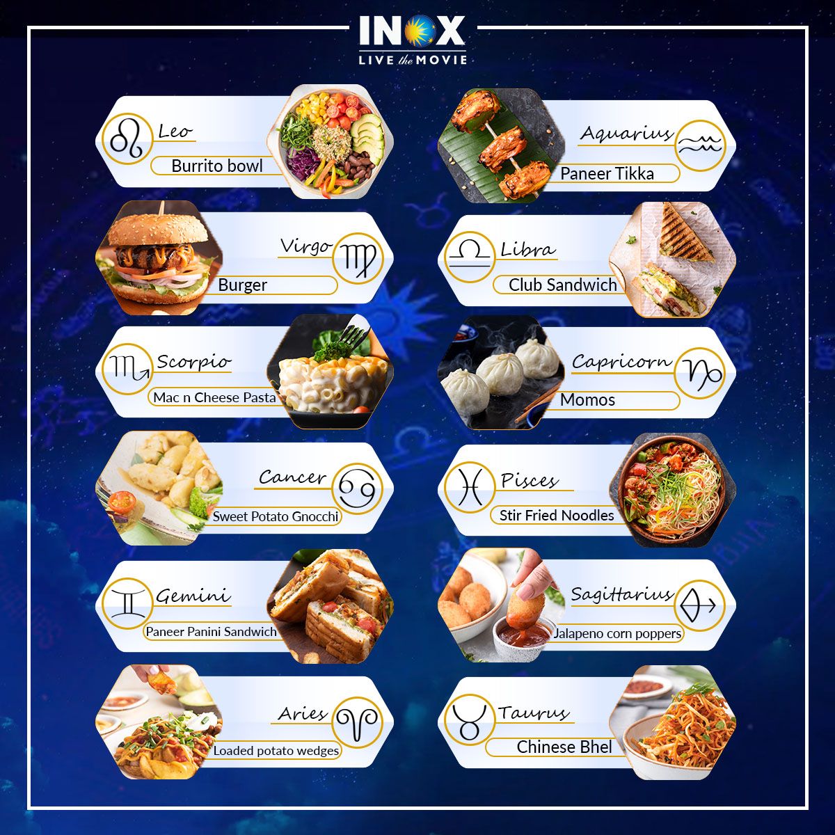 INOXMovies's tweet photo. Let's see what food is meant for you on the basis of your #zodiacsign!
Comment below your zodiac sign and we will recommend you, scrumptious #INOXFood to enjoy while watching your favourite movie at #INOX!
#Zodiacgames #deliciousfood #gourmetfood #INOXDelicacies #LiveTheMovie https://t.co/laNYvhbQ5w