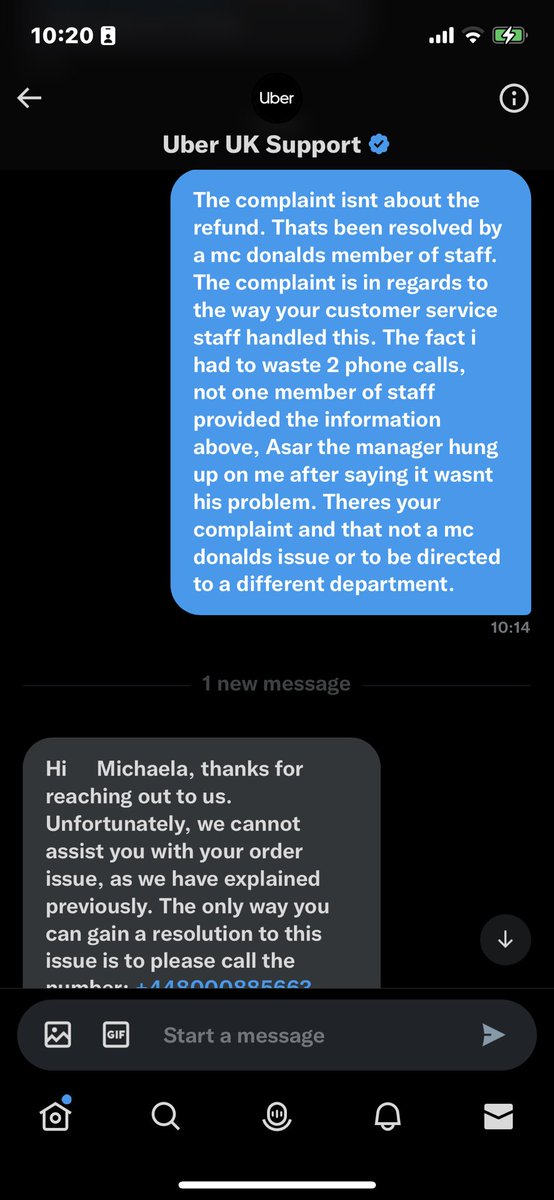 michaelacox1109's tweet photo. A night on the phone trying to resolve an issue being spoken to in a rude manner lied to, and then hung up on this is @UberUKsupport’s idea of a resolution. When will they learn that this is not @McDonalds issue it is @ubereats_uk #poorcustomerservice #compliant #disgusting https://t.co/W78aP0ORCW