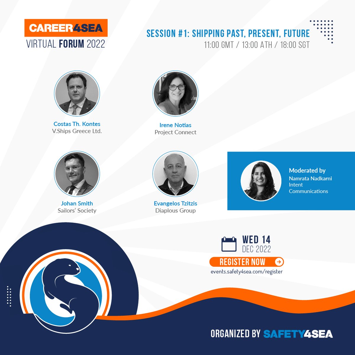 safety4sea's tweet photo. 2022 #CAREER4SEA Virtual Forum: Session 1 moderated by Namrata Nadkarni, @IntentComms, will focus on shipping past, present and future.

- Costas Th. Kontes, @V_GroupLtd Greece Ltd.
- Irene Notias, Project Connect (1/2)

Register here👉 https://t.co/5AWxOar0nC https://t.co/tn9Nl3P04k