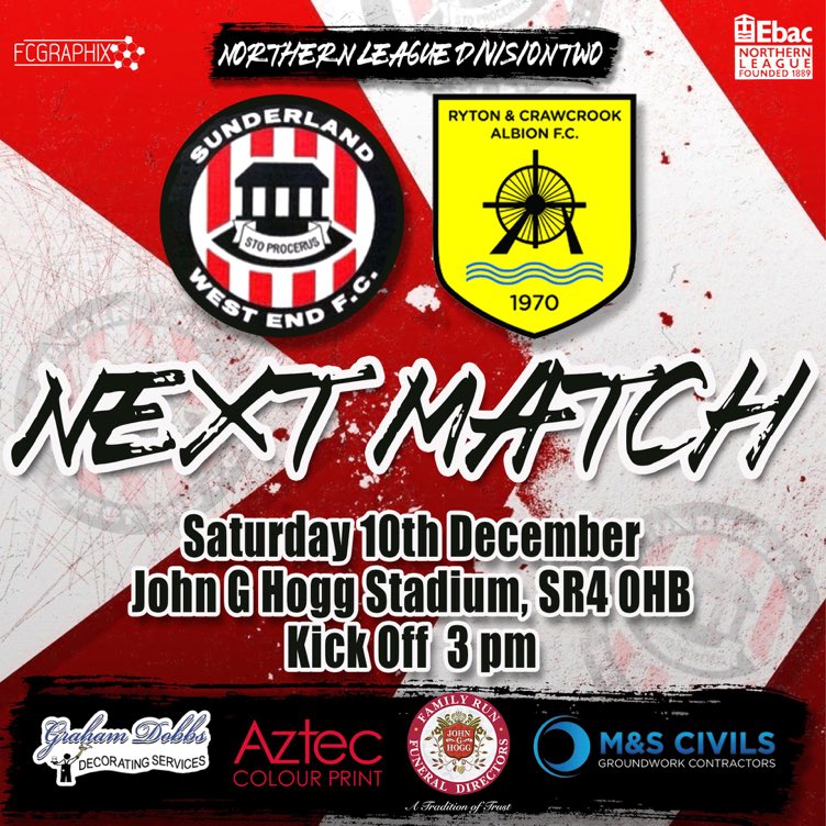 ## SATURDAYS GAME ##

Saturdays KO of time has now been changed to the earlier time of 14:30. 

Next Up for <a href="/west_end/">emi</a>

🆚  <a href="/RACAFC1970/">RYTON & CRAWCROOK ALBION FC</a>
🏆 Northern League Division Two
📆 KO 2:30 pm Sat 10th December 
🏟 John G Hogg Stadium 
📍SR4 0HB

#westisbest 🔴⚪️⚫️🔴⚪️⚫️⚽️⚽️