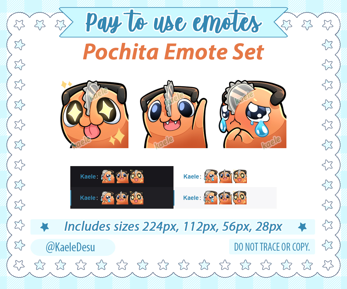KaeleBlue's tweet photo. ✨P2U Chainsaw man emotes✨
Pochita P2U emote set available at my etsy shop~
📌https://t.co/Mkt2Kcw89c
#p2u #twitchemotes #P2Uemote #paytouse #TwitchStreamers #twitchemoteartist #emotes #paytouseemotes #chainsawman #pochita
#chainsawmanemotes #pochitaemotes https://t.co/RlEg9Ej4nO