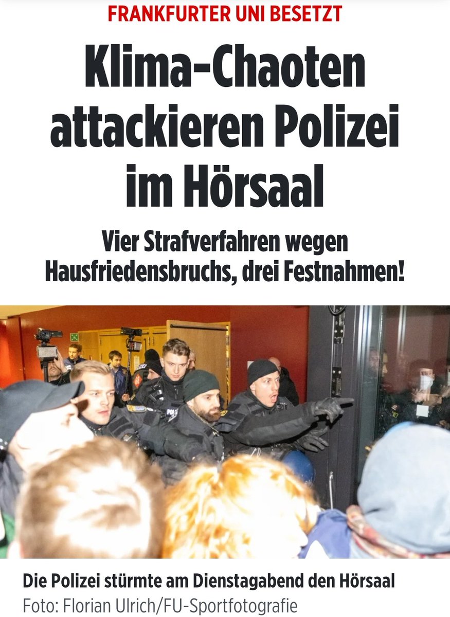 Die Springer-Presse verdreht mal wieder die Tatsachen: Die Besetzung war bis zum Eintreffen der Polizei völlig gewaltfrei. Die Verantwortung für die Eskalation liegt bei Polizei und Uni-Leitung. Der Angriff der Polizei war unnötig und ist ein Armutszeugnis für die Goethe-Uni.