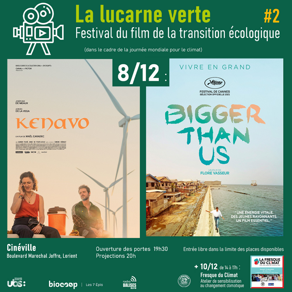 🎬#2 FESTIVAL LA LUCARNE VERTE

🌍A l'occasion de la journée mondiale du climat, <a href="/Biocoop/">Biocoop 🌱</a>, <a href="/UBS_universite/">UBS_universite</a> et <a href="/RadioBalises/">Radio Balises</a> organisent un #ciné débat autour du film "Bigger than Us".

🎉RDV demain soir à 20h au <a href="/CinevilleLorien/">Cinéville Lorient</a> :
facebook.com/events/5398149…