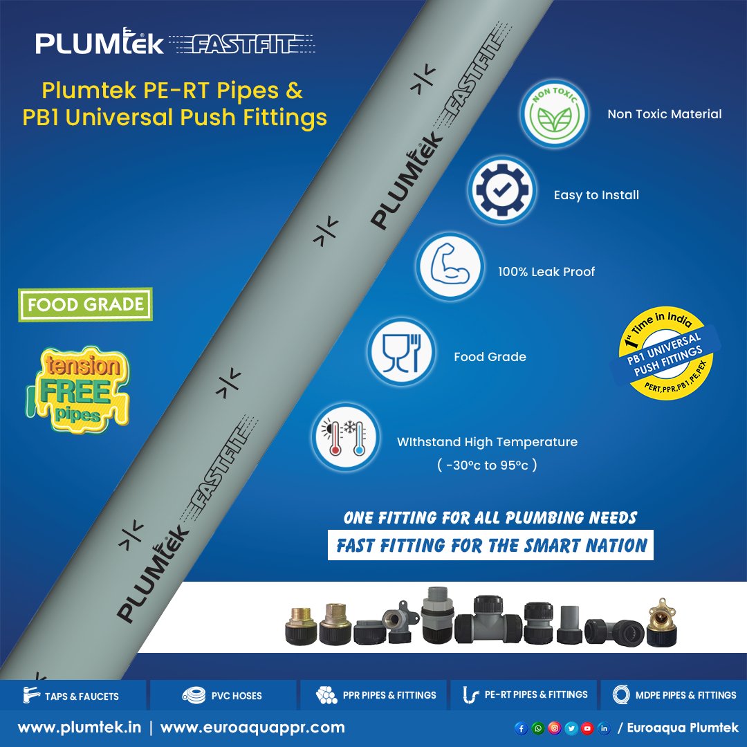 PlumtekMktg's tweet image. Plumtek PERT pipes &amp;amp; PB1 universal push fittings is a brand-new product which is introduced in India for the first time. It is an excellent choice for use in hot and cold applications.

#pert #pertpipe #universalpushfit