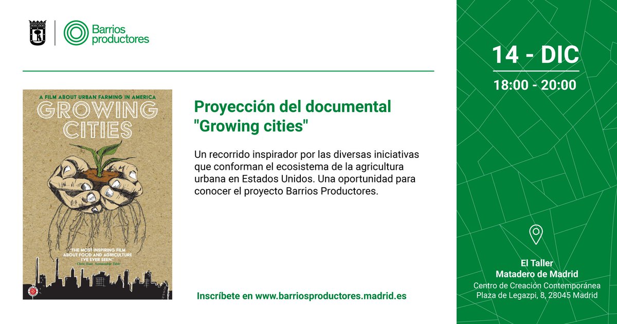 germinando_isa's tweet photo. ¿Te interesa la agricultura urbana? ¿Quieres conocer #BarriosProductores? 

Para darse a conocer, comienzan su andadura con la proyección del documental #GrowingCities 

La primera cita será: 
📆 14 de diciembre
🕧 18hrs. 
📍El Taller de Matadero 

+Info. https://t.co/UtOadrSy4I https://t.co/bxzrbO5GnN
