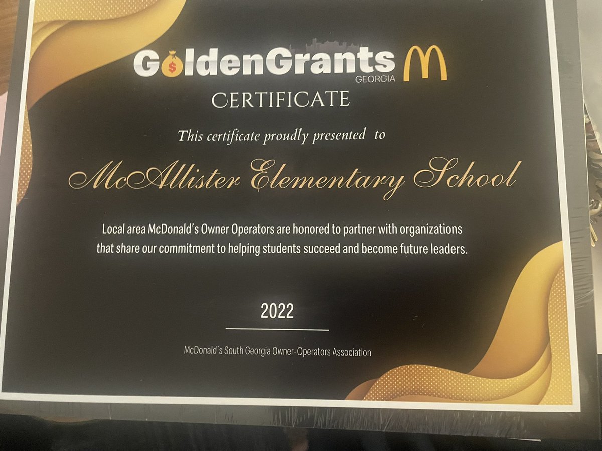 mrsbtrimm's tweet photo. The kids were super impressed when I told them you can win money by WRITING grants!!! Thanks @McDonalds for supporting our reading initiatives at @McAllister_ES and convincing kids that writing is worth it! #goldengrant #WritingCommunity #phonicsinaction https://t.co/kTneZf82Wm
